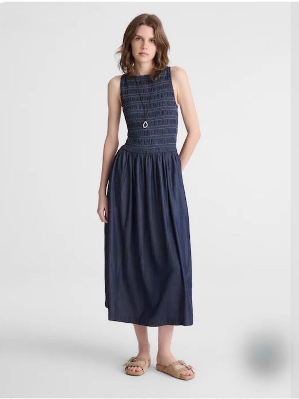 Madewell Denim Smocked Boatneck Midi Dress Dark Blue XXS